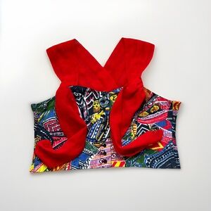 VTG 90s Abstract Art Print Crop Top Red Bow Tie Halter Neck Statement Piece Y2K